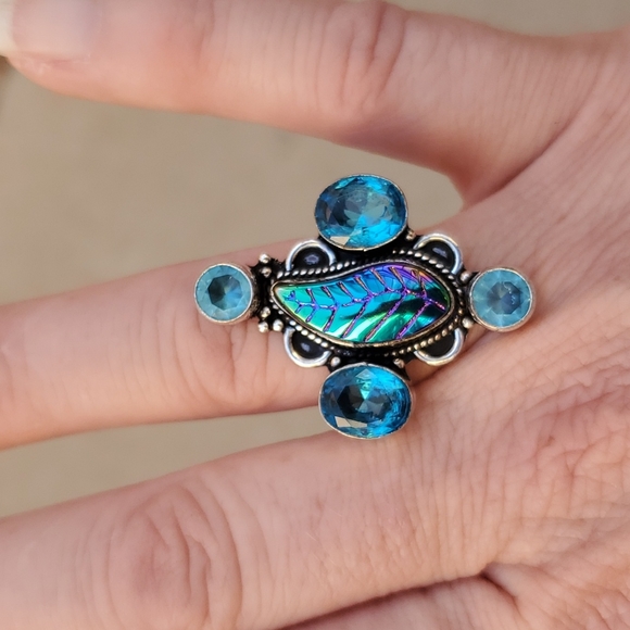 New Carved Rainbow Hematite and Blue Topaz 925 Silver Ring. - Picture 2 of 5